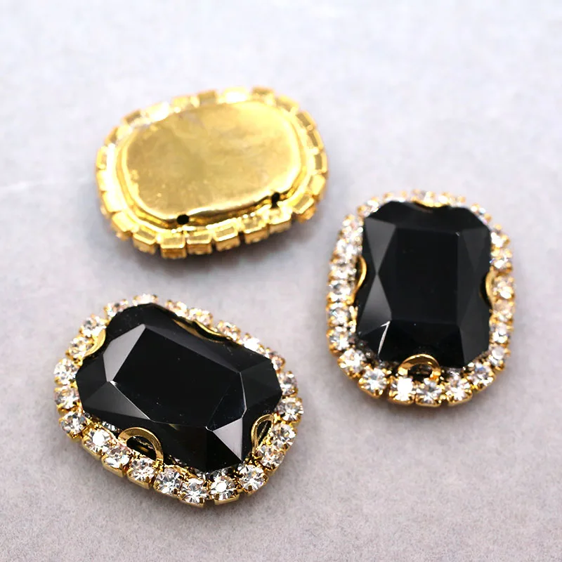 New arrival Gold base Rectangular octagonal shape Black sew on rhinestones glass Crystal button DIY clothing accessories