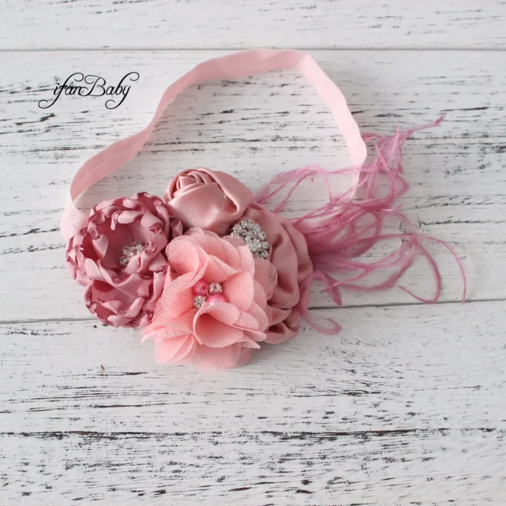 Boutique infant baby flower headband burn satin fabric Rose flower headband with feather pearl Rhinestone