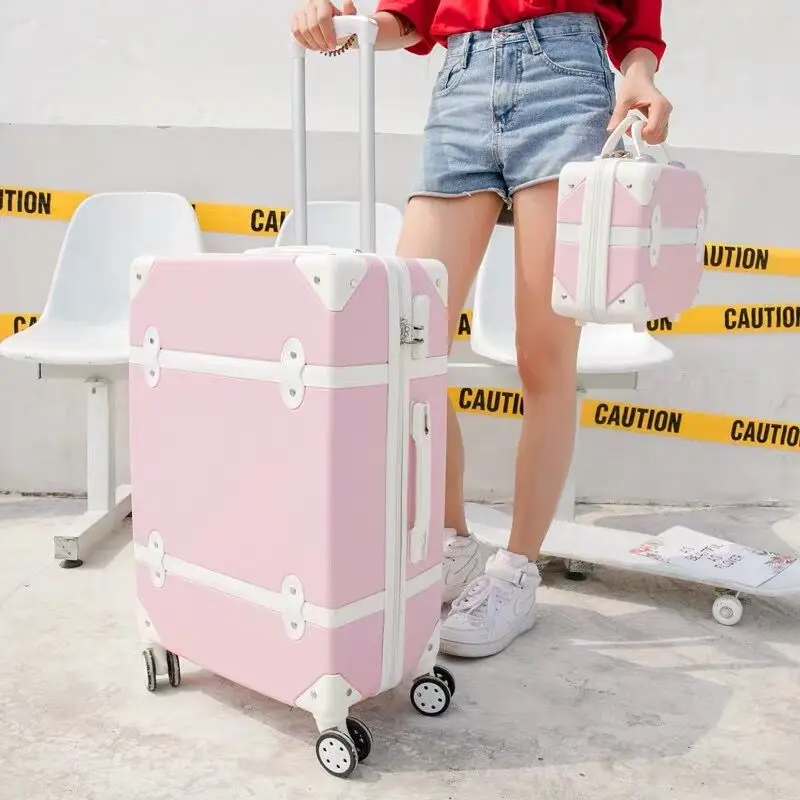 women hard retro pink rolling luggage set trolley baggage with cosmetic bag on wheels cute trolley suitcase travel bag for girls