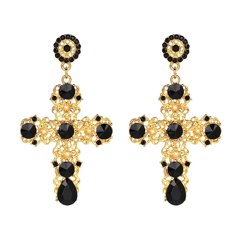 JURAN Vintage Rhinestone Cross Earrings For Women Fashion Baroque Drop Earrings Bohemian Large Long Earrings Jewelry Brinco 2019