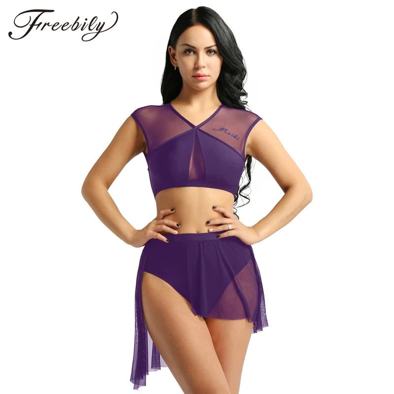 Phụ nữ ba lê Đầm leotard Bất Đối Xứng Đương Thời Trữ Tình Nhảy Đầm Không Tay Criss Cross Crop Tops + Chân Váy Ngắn