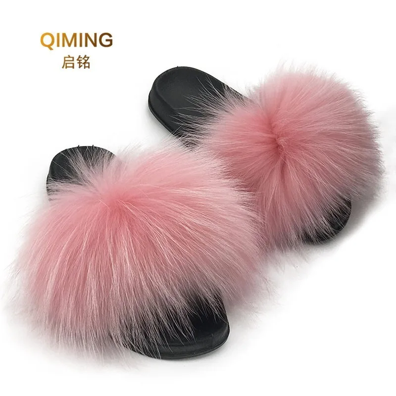 Women Raccoon Fur Slippers Outdoor Furry Slipper Fluffy Indoor House Fashion Summer Color Flip Flops flat shoes Woman Sandals