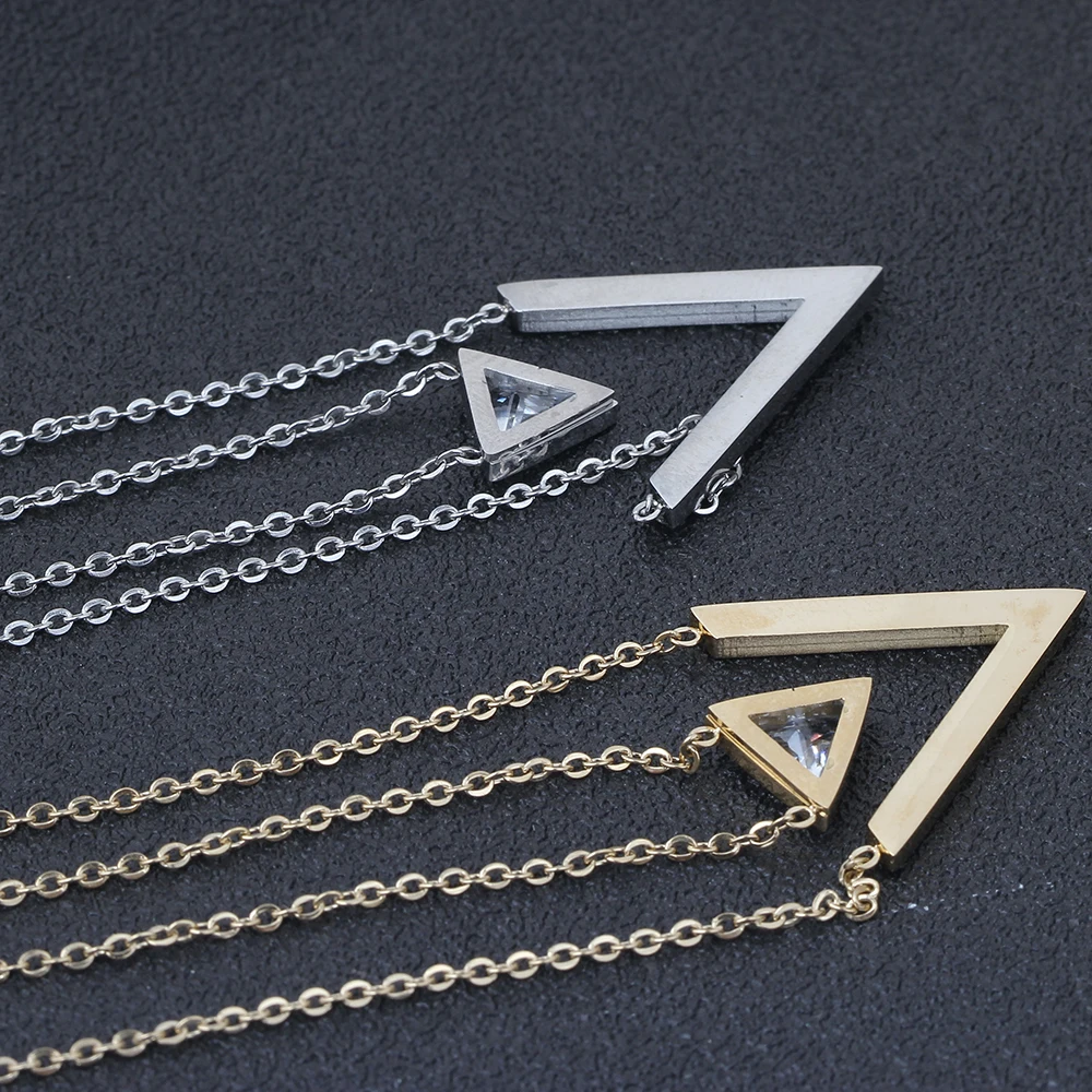 VQYSKO Gold-Color Double V Shape Necklace For Women Geometric Triange Cubic Zirconia Pendant & Necklace Trendy Collier