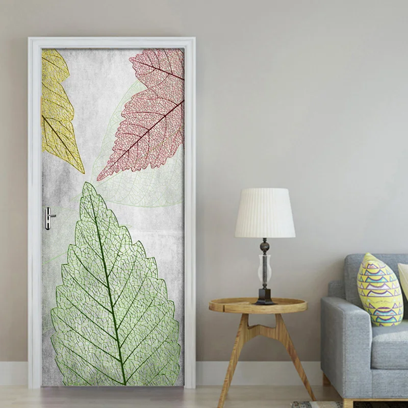 

DIY Door Sticker PVC Waterproof Self-adhesive Fresh Colored Leaves Texture Wallpaper Poster Living Room Door Decor Mural Decals