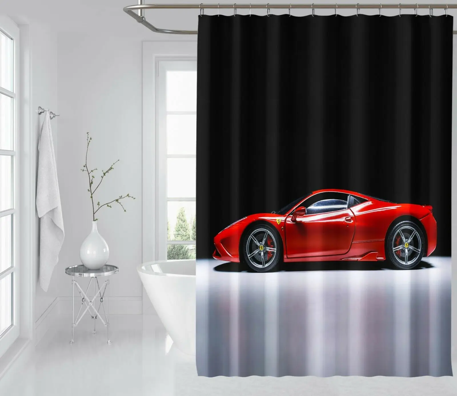 3D Red Car Shower Curtain Waterproof Fiber Bathroom Home Windows Toilet