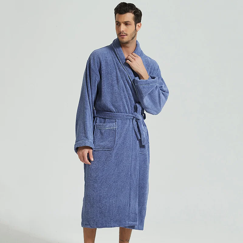 Albornoz de algodón grueso para hombre, kimono, forro polar cálido, ropa de dormir de rizo, bata larga, spa de hotel, bata de baño blanca larga, otoño