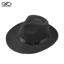 LUCKYLIANJI Vintage Men Women Hard Wool Felt Hat Wide Brim Fedora Trilby Panama Hat Gangster Cap (One Size:58cm)