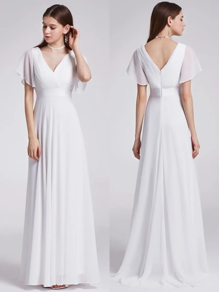 Vestidos de dama de honor blancos con cuello en V, manga corta, línea A, longitud hasta el suelo, plisado y cinturón, envío gratis