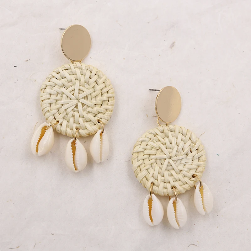 Natural Rattan Earrings for Women Summer Shell Earring Straw Woven Wicker Drop Earrings Vintage Wood Jewelry Pendientes Mimbre