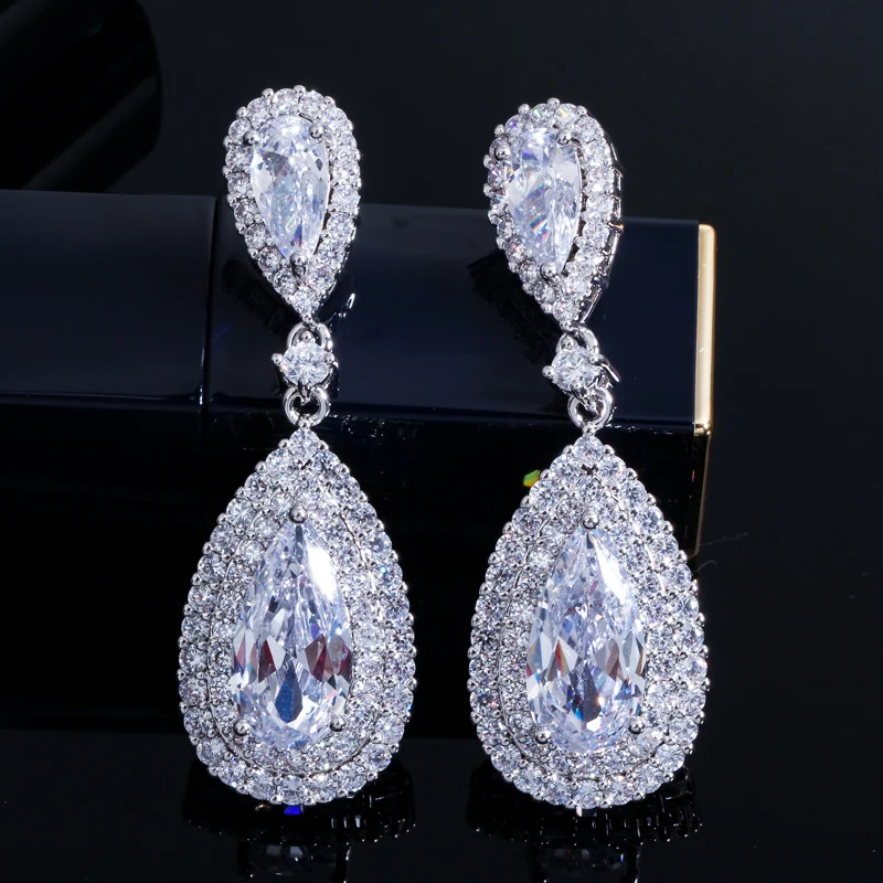 CWWZircons Stunning White Cubic Zirconia Stone Setting Luxury Water Drop Long Royal Blue Earring Women Party Jewelry CZ296