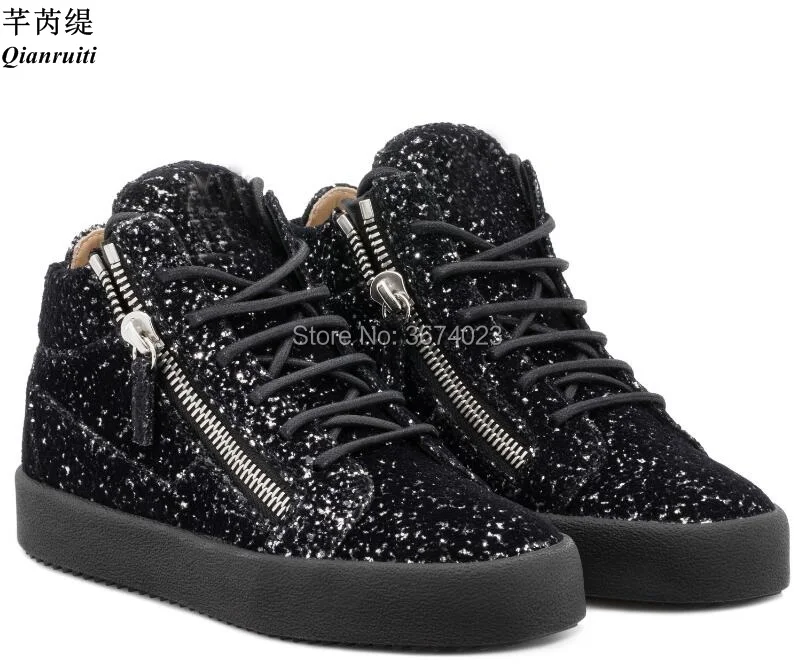 

Qianruiti Sapato Masculino Fashion Black Glitter Sneakers Men Platform Thick Flats Round Toe Rubber Heels Superstar Casual Shoes