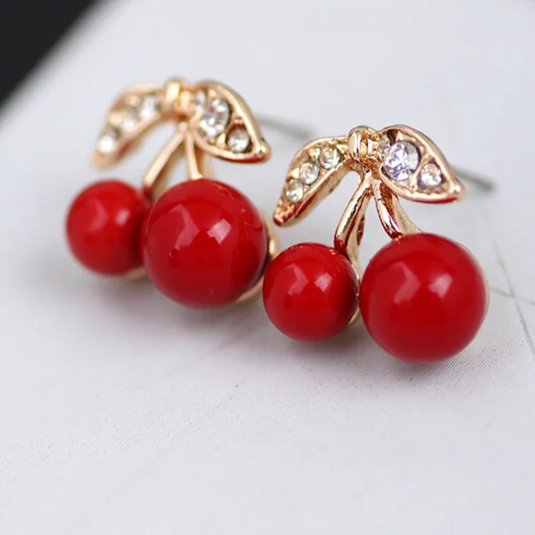 Fashion The New Cute Red Cherry Leaf Beads Rhinestone Lovely Ear Stud Earrings Jewelry Earrings For Women Gift Cheap Marketing