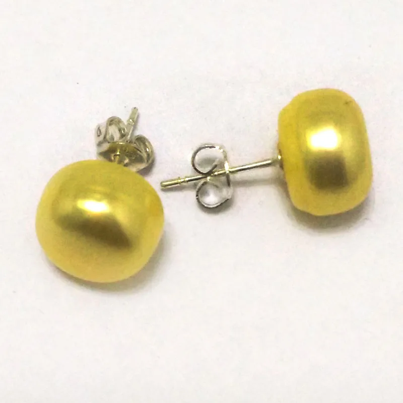 11-12mm Yellow Natural Cultured Button Pearl 925 Silver Stud Earring