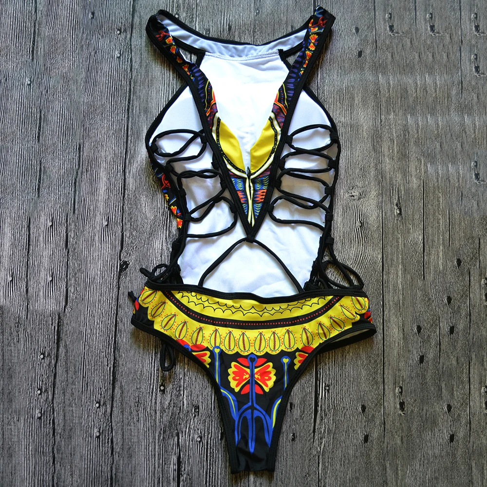 Sexy African Print One Piece Swimsuit Female Thong Swimwear Women Trikini 2024 High cut Monokini Backless Bathing Suit Swim Lady