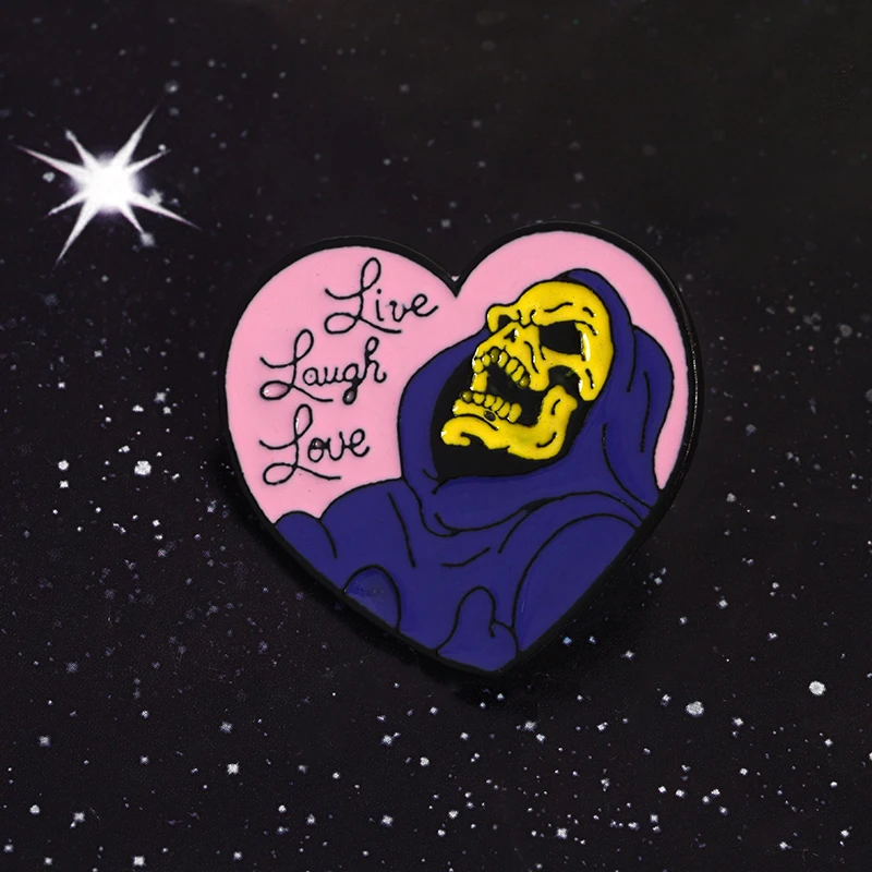 Live Laugh Love ! Skeletor Halloween Gothic Dark Heart Shape Skull Skeleton Death Godfather Enamel Badge Brooches Lapel Pins image 3