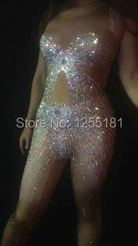 Sexy Crystals Women's Jumpsuit Nightclub Rompers Celebrate Outfit Stage Show Bling Costume Female Singer Bodysuit Wear