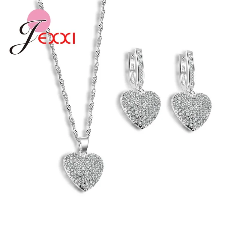 

New Finding Elegance Simple Heart Shape 925 Sterling Silver Jewellery Set For Women Wedding Party Pendant Earrings Accessory