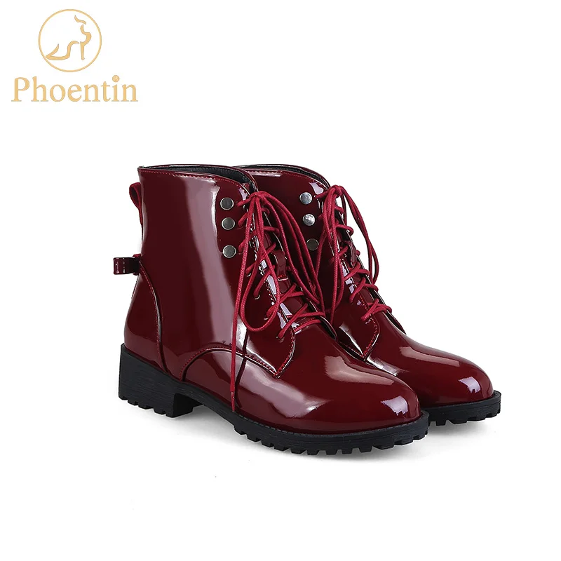 Phoentin lace-up ankle boots for women winter rivet butterfly knot blue black green short boots patent leather punk shoes FT175