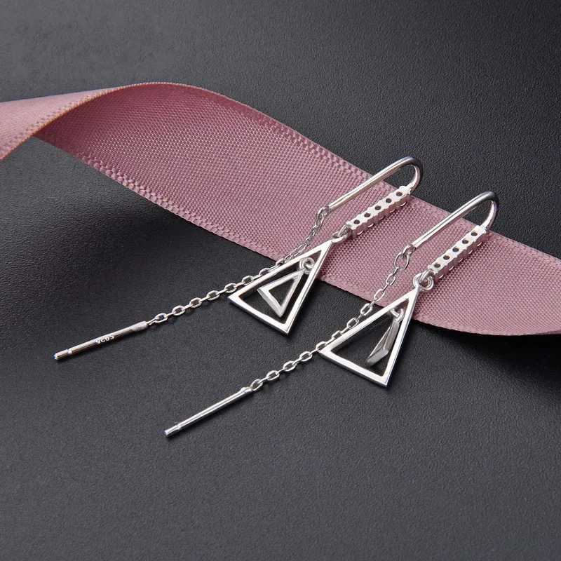 S925 Silver Triangle Earrings Female Korean Style Mini-zircon Hollow-out Earrings