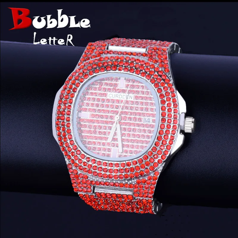 Bubble Letter Red Watch for Men Big Dial Military Quartz Clock Luxury Rhinestone  Waterproof Hip Hop Jewelry