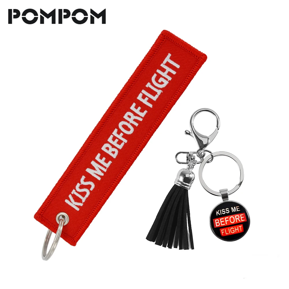 

2PC/lot Kiss Me Before Flight Keychain For Bag Square Embroidery Message 13*3CM Keyring Aviation Gifts Key Tags Jewelry llavero