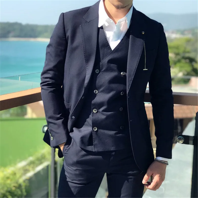 

Custom Made Navy Blue Men Suit For Wedding 3pcs(Jacket+Pant+Vest) Masculino Slim Fit Tuxedo Mens Suits Costume Homme Men Suits