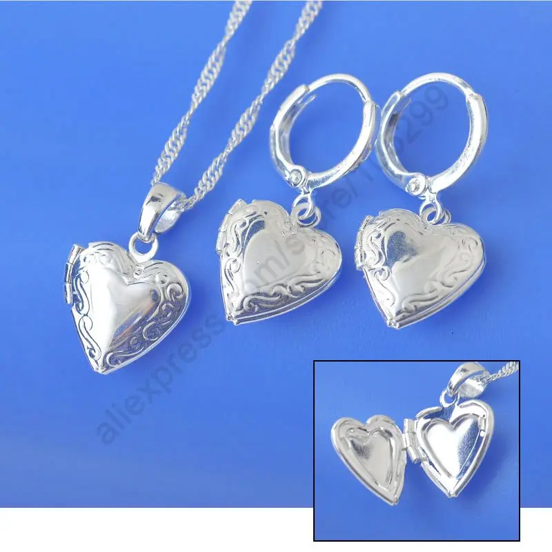 Nice Jewelry Sets Real Pure 925 Sterling Silver Jewelry Case Frame Small Heart Pendant Necklaces Hoop Earrings Fashion