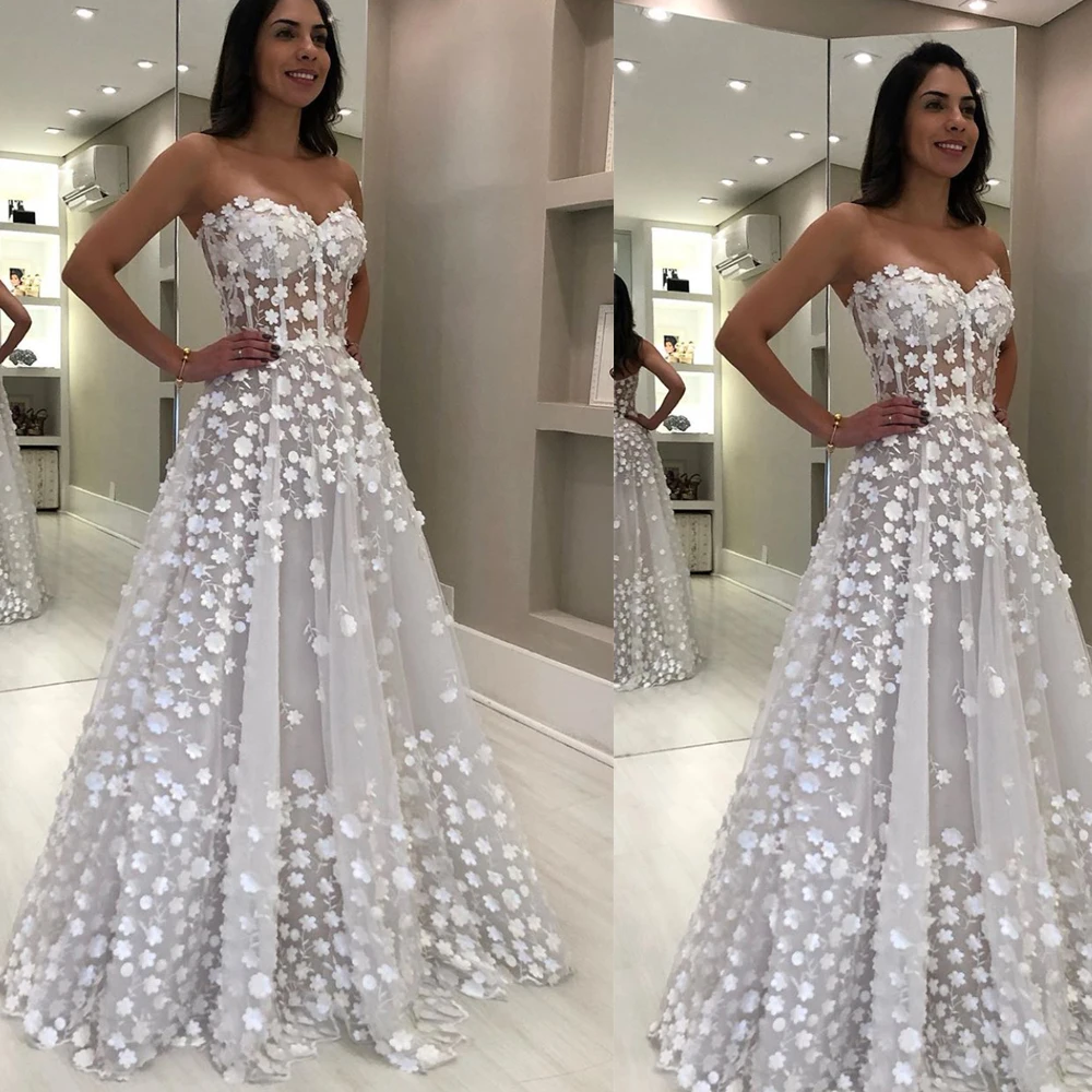 Vestidos de graduación blancos con escote corazón, flores 3d, vestidos de noche de línea a, vestidos de fiesta de gala 2020