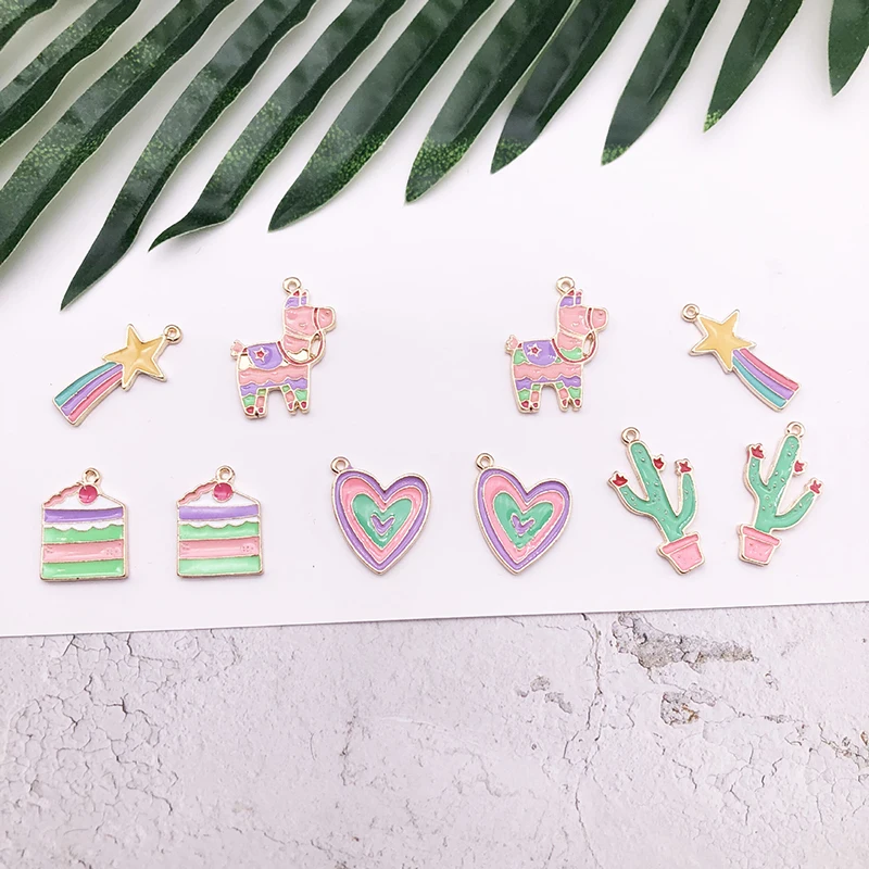 10 pcs/lot Cartoon Llamas Cake Love Heart Cactus Enamel Charm Gold Metal Pendant Oil Drop Charm Earring Jewelry Making DIY YZ274