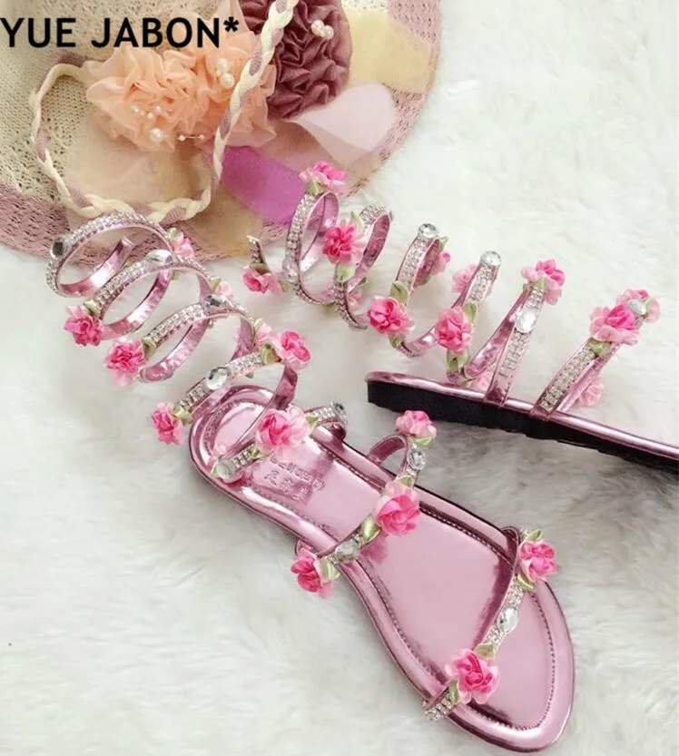 Pink Knee High Slip onFlats Sandal Boots Gladiator Summer Rhinestone Woman Boots Shoes Bohemia Style Crystal Flower Beach Shoes