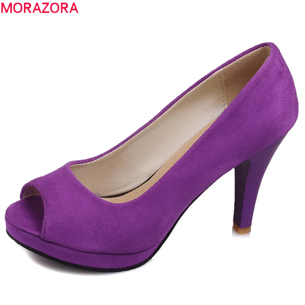 

MORAZORA 2020 new arrival platform shoes peep toe slip on shallow extreme high heel flock elegant casual female pumps