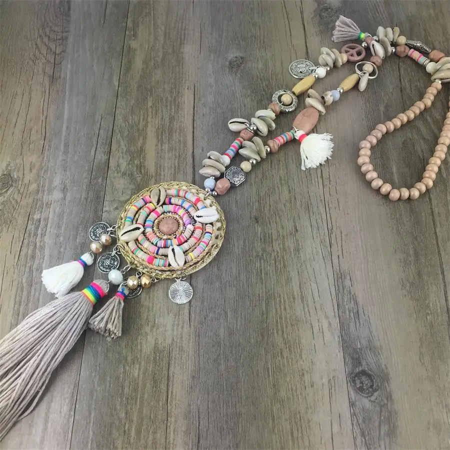 

New handmade Caki colorful tassel pendents necklace boho Bohemiam long fringe statement Maxi Necklaces for women summer