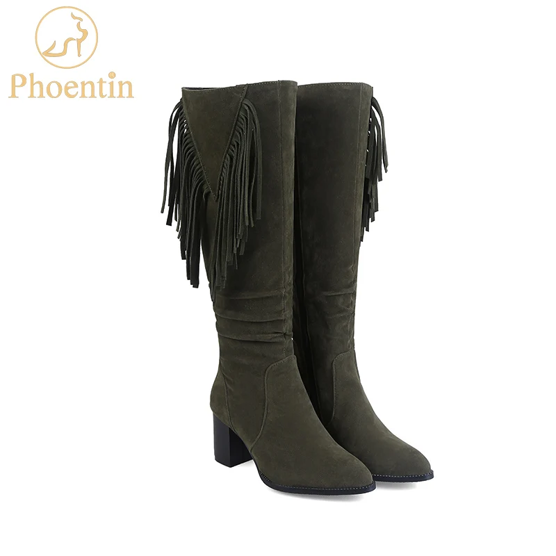 

Phoentin fringe knee high boots female zip closure winter shoes women flock upper plush inside high heel 6cm women's shoes FT169