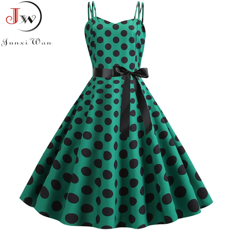 Kobiety lato seksowny pasek Spaghetti sukienka w kropki Vintage elegancka duża rozkloszowana sukienka Rockabilly Vestidos