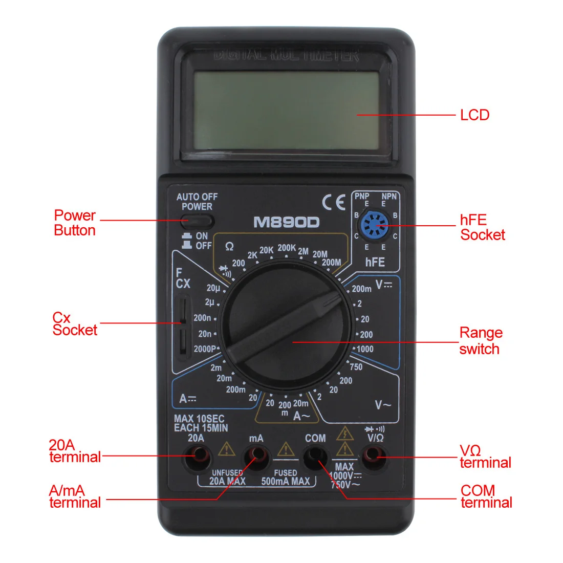 M890D Digital Multimeter Meter Tester Automotive Electrical Transistor Peak Tester Meter AC DC Capacitance Voltage Current Meter