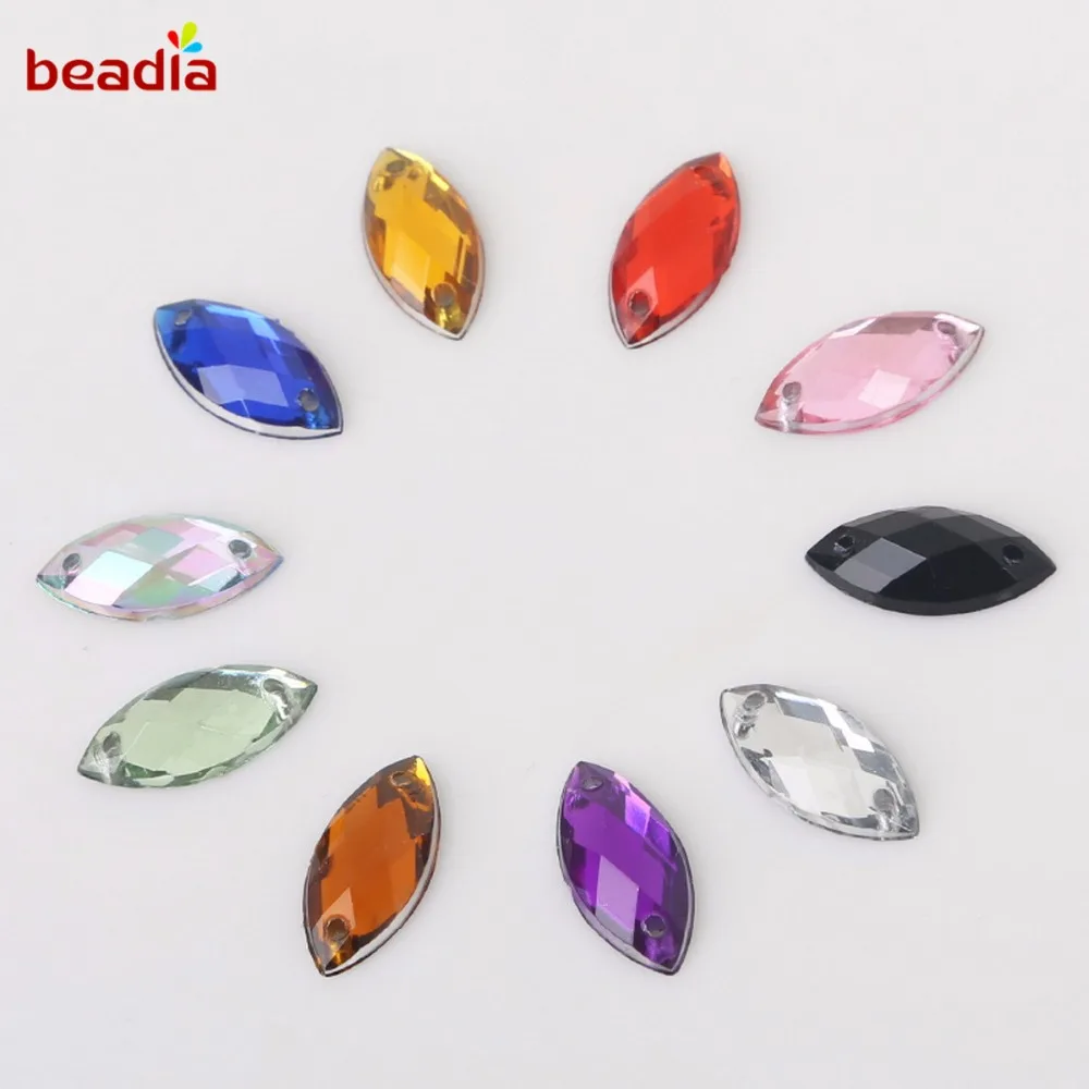 7*15mm 50Pcs 10Colors Crystal Acrylic Rhinestone Beads Sew 2 Holes For Dancing Dress Clothing Shoes Wedding Decoration DIY Craft