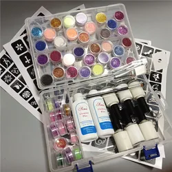 Cores Glitter Shimmer Pó 6 45 Colas 2 Escovas 5 Oco Template Kit para Crianças Tatuagem Temporária Rosto Diy Manicure nail Art