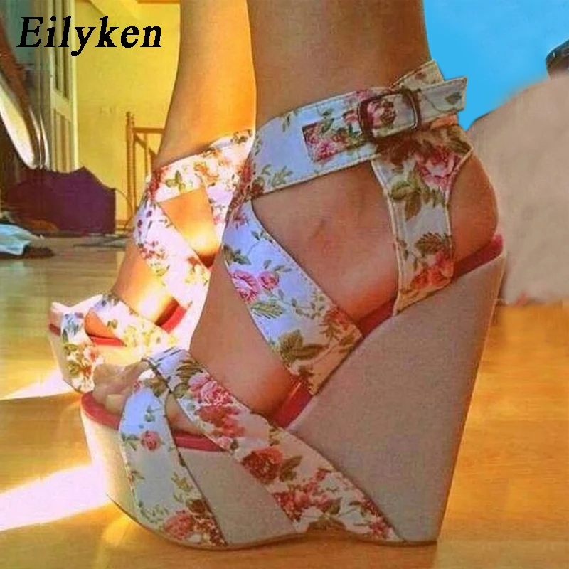 Eilyken Summer Fashion Peep Toe Solid Platform Wedges Sandals Women Designer Silk Print Flower Fabric High Heels Female Shoes