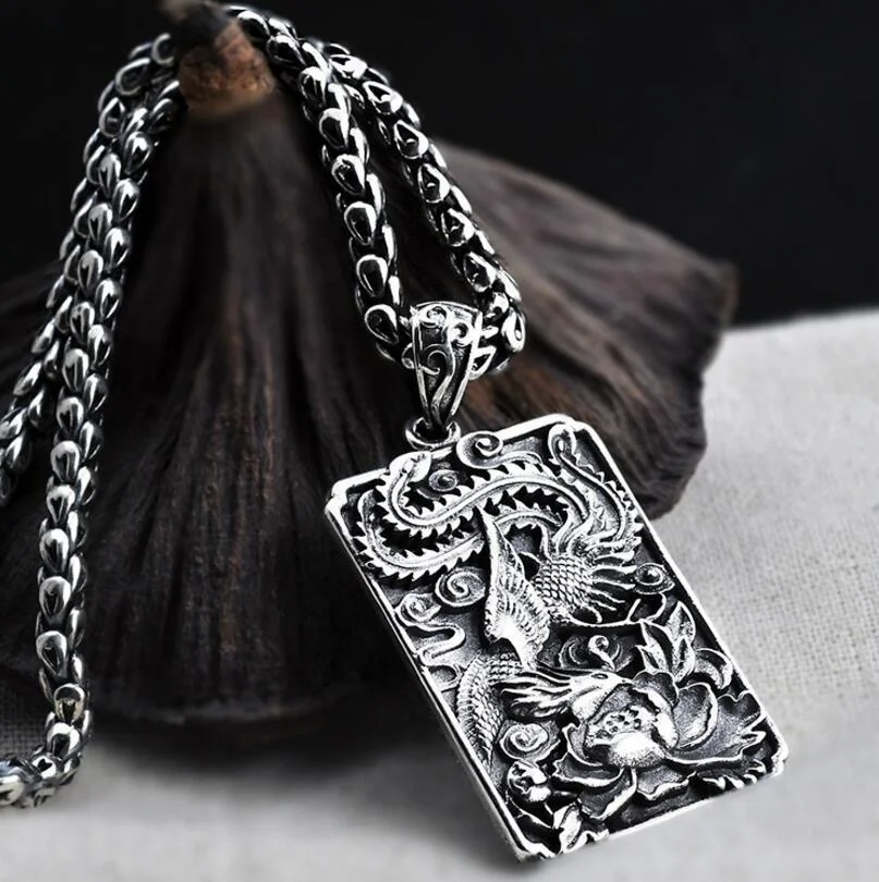 

Pure Silver Original Handmade Sterling 925 Thai Silver Carved Phoenix Peony Pendant Vintage Solid Silver Fashion S925 Jewelry