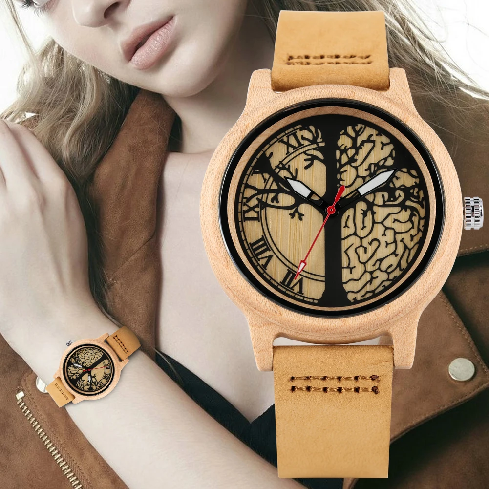 Women\'s Brown Leather Strap Wristwatch Quartz Wooden Watch Unique Maple Life Tree Patterns Dial Wooden Watch