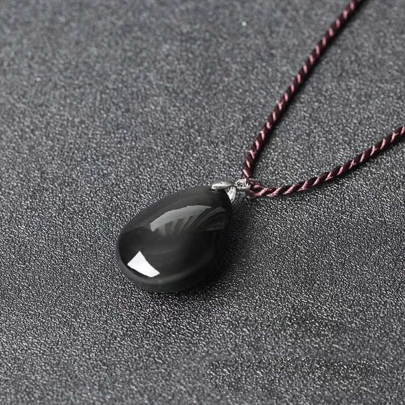 Natural Black Obsidian Stone Water Drop Pendants Rope Necklaces Lucky for Men Women Safety Amulet Stone Jewelry JoursNeige