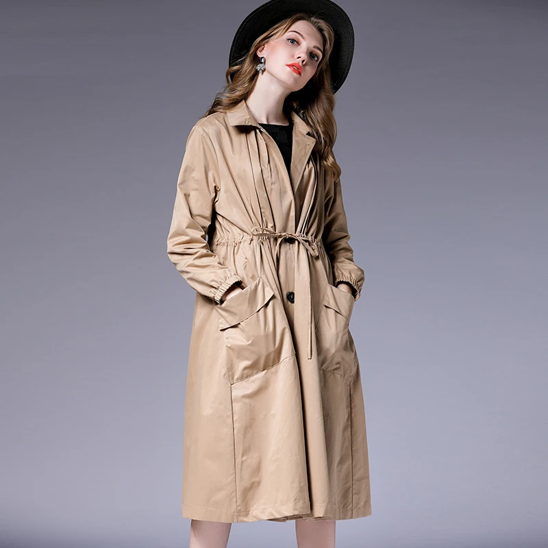 Plus Size Womens Loose Fashion Trench Coat Temperament Elegant Coat Oversize Long Sleeve Collect Waist Solid Autumn Coats New