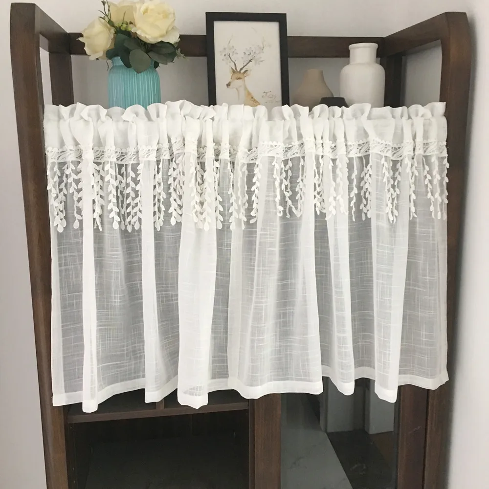 White Half Curtain Willow Leaf Water Soluble Lace Coffee Yarn Pure Short Curtain for Bar Kitchen Cabinet Door Children\'s Room