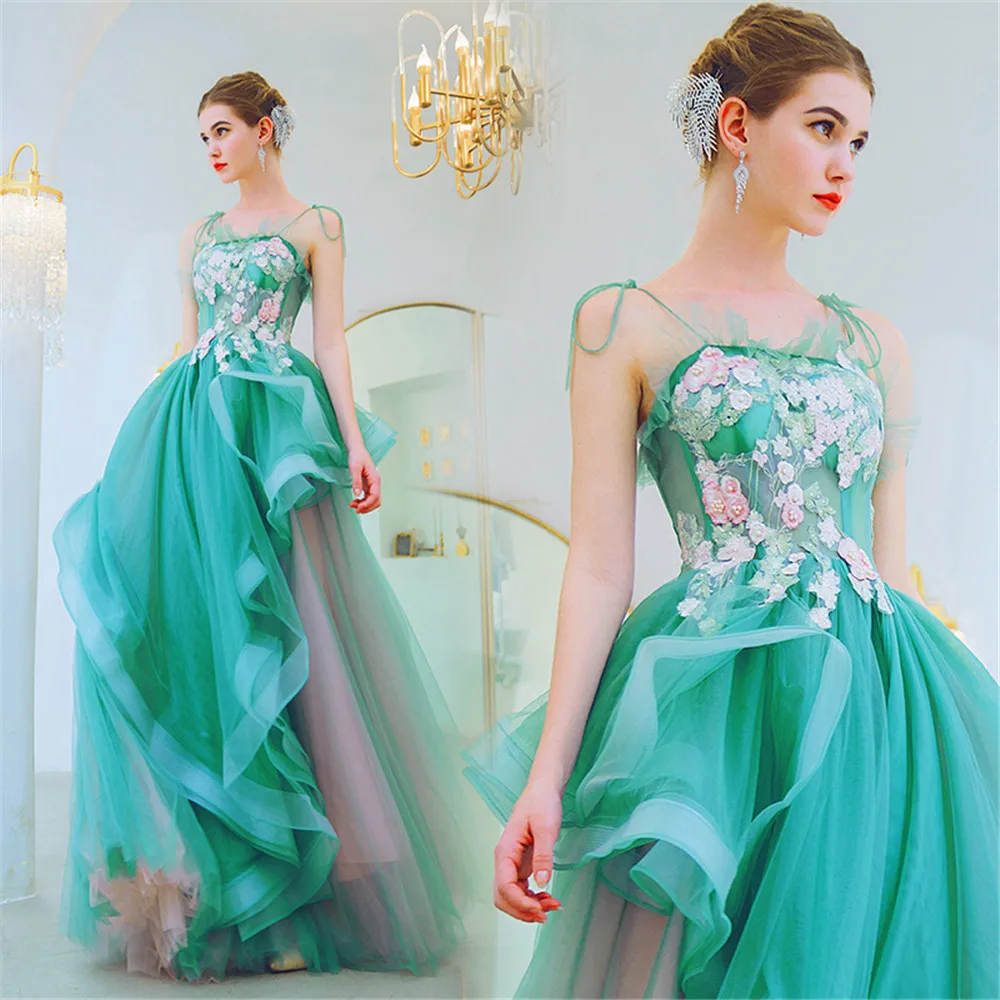 Green Ball Gown Ruffle Tulle Lace Flowers Appliques Formal Elegant Evening Dresses Bride Banquet Party Prom Dress XH493