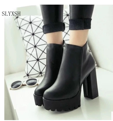 SLYXSH Women\'s Fashion Side Zipper Ankle Boots Platform Thick High Heel 12 cm Ladies Boots Winter Woman Shoes   Black boot