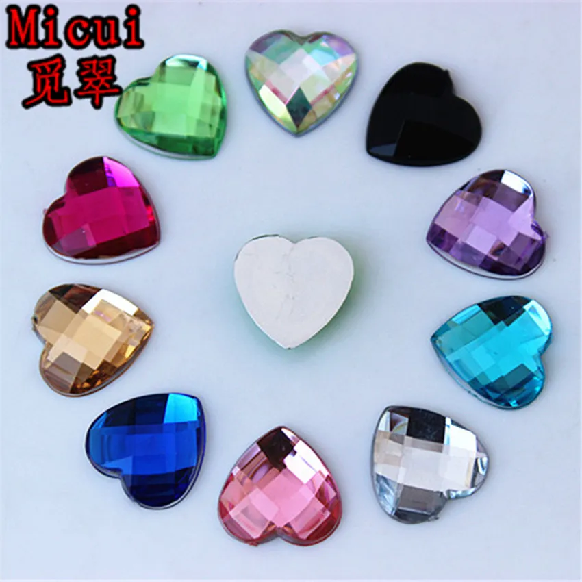 Micui 100pcs 14mm Heart Acrylic Rhinestones Flat Back Crystal Stones for Clothing Crafts Decorations DIY ZZ122