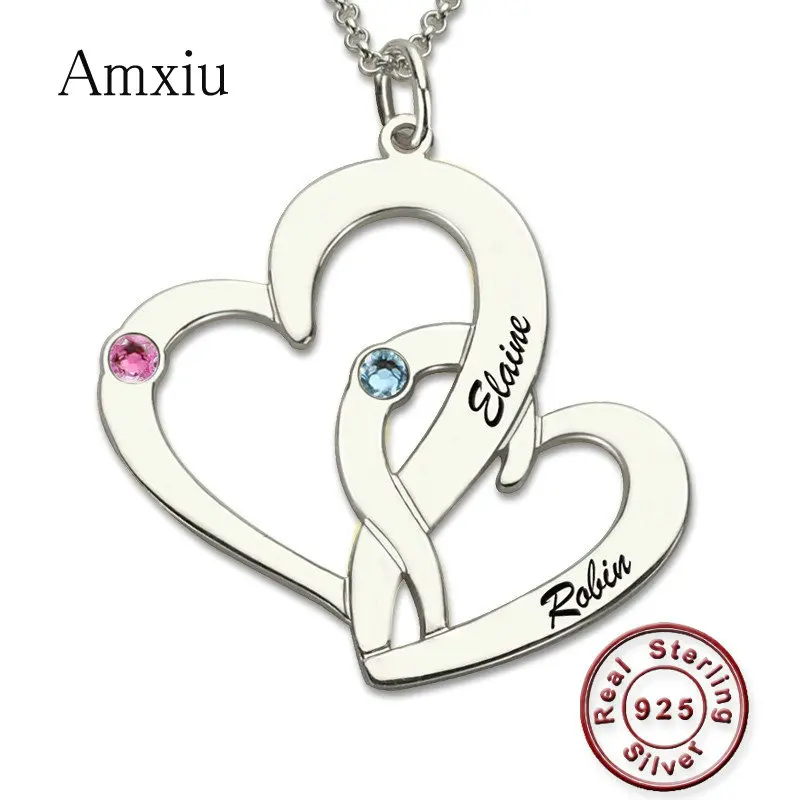 Amxiu Custom 925 Silver Necklace Engrave Two Names Necklace Double Hearts Pendant Necklace For Women Personalized Zircon Jewelry