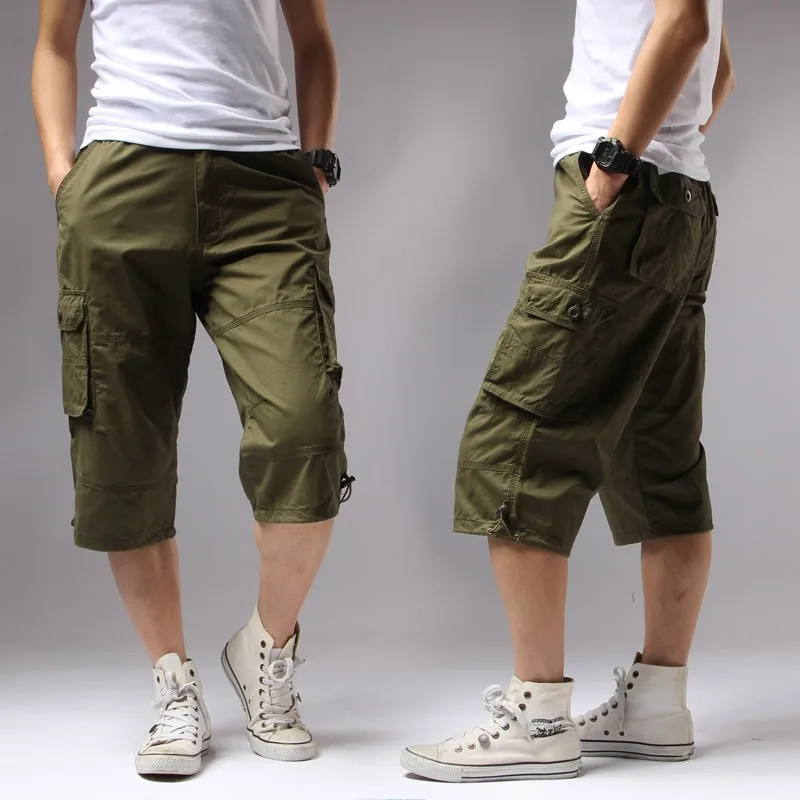 Summer Long Length Cargo Shorts Men Knee Pocket Casual Cotton Elastic Waist Bermudas Male Military Style Capri Breeche Army