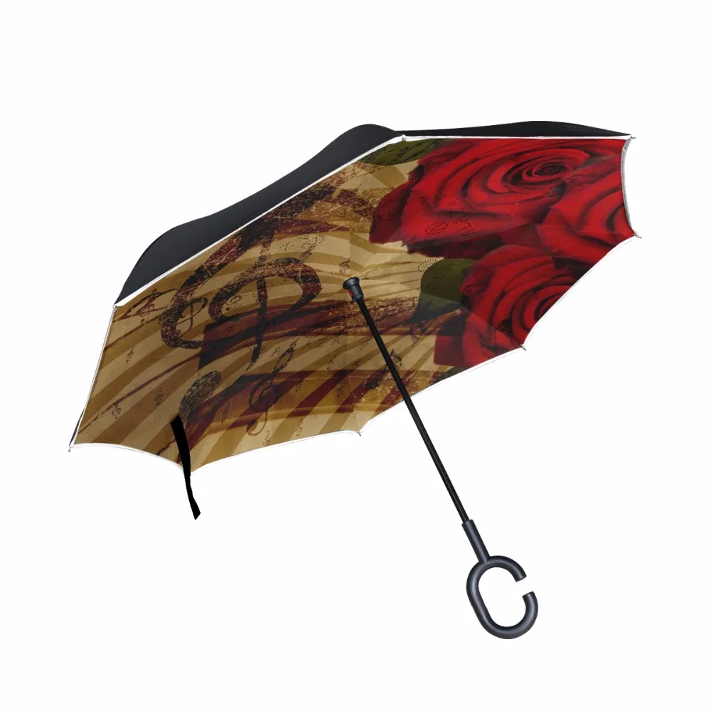 Rose Music Rolling Over Reverse Umbrella Double Layer Inverted Self Stand Rain Protection Long C-Hands Car Umbrella