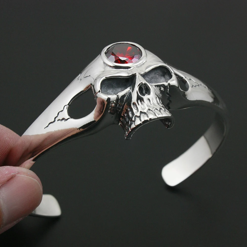 

925 Sterling Silver Red CZ Skull Bangle Mens Biker Rokcer Punk Bangle 9A005 Fit 6.5 ~ 7.5 inches Wrist